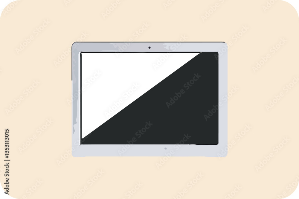 Poster stylized tablet with split screen display: a minimalist vector illustration on a soft background