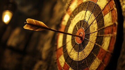 Arrow hitting bullseye on worn dartboard.