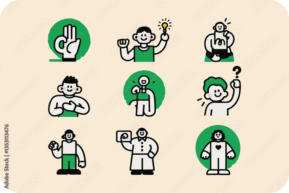 Poster diverse characters expressing ideas and emotions: a collection of minimalist vector illustrations on
