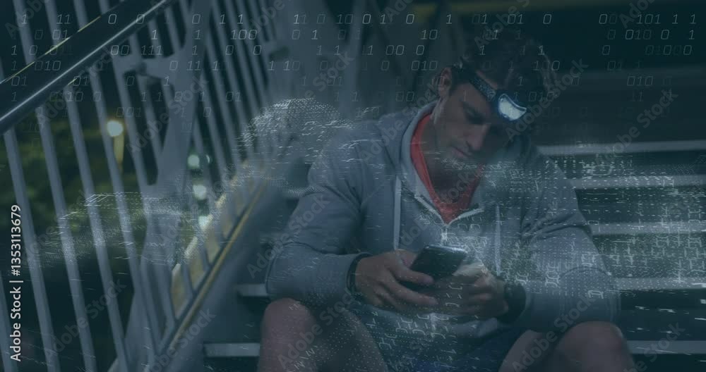 Poster sitting on stairs, man using digital device with animation of binary code