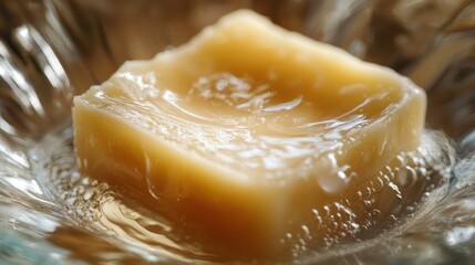 Golden, melted confectionary cube in a glass bowl