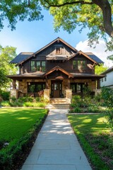 Obraz premium Charming two-story craftsman-style house with a lush front yard and stone pathway during a sunny afternoon in a residential neighborhood