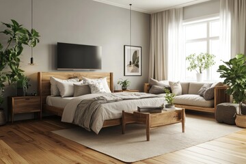 Fototapeta premium A Modern Bedroom Displaying Furniture with Neutral Tones and Greenery