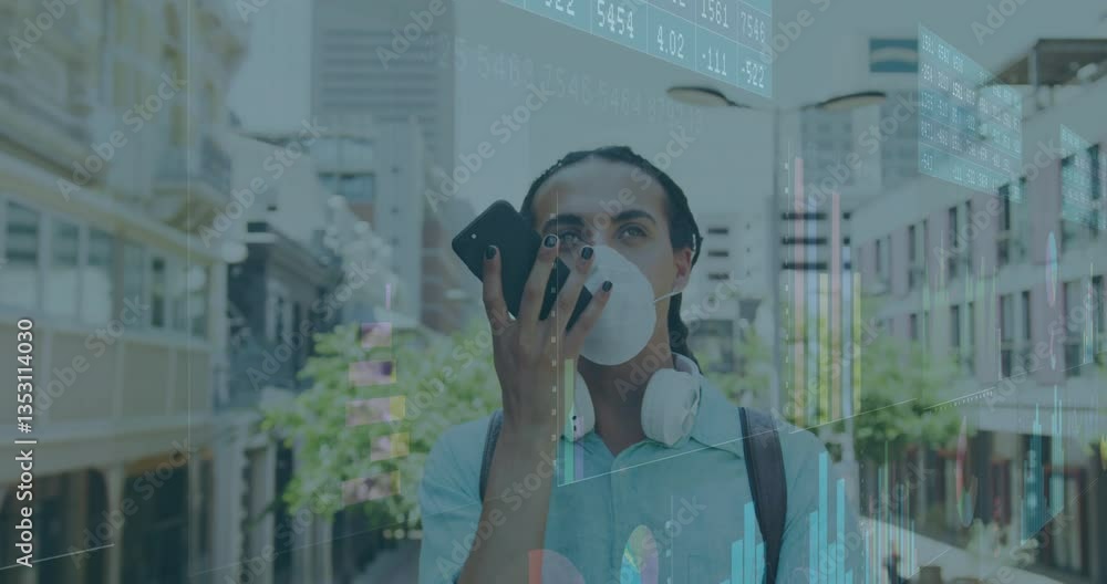 Poster using phone and headphones, person with data animation over urban background