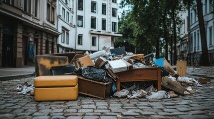 Urban Junk Pile City Street Overflowing with Trash.
