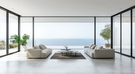 Fototapeta premium Modern living room interior with expansive windows and serene ocean view