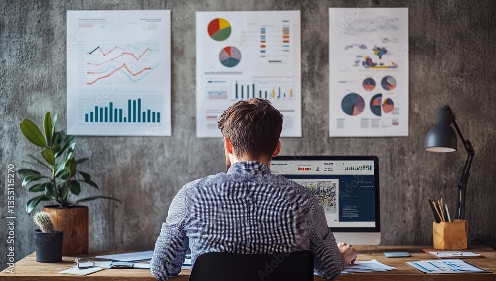 Poster man working at desk with charts and graphs on wall