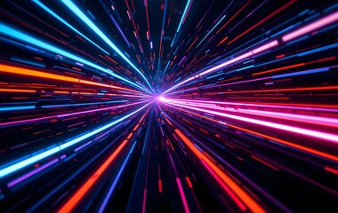 Obraz premium Futuristic Digital Artwork with Multicolored Light Trails in Abstract Cyberpunk Style Featuring Neon Streaks of Blue, Red, Orange, and Purple on a Dark Background