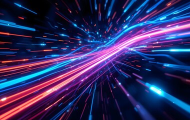 Obraz premium Futuristic Digital Artwork with Multicolored Light Trails in Abstract Cyberpunk Style Featuring Neon Streaks of Blue, Red, Orange, and Purple on a Dark Background