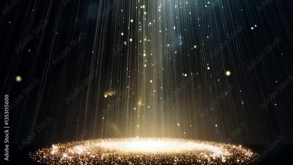 Poster a mesmerizing video of golden particles cascading from above, captured from a low angle, creating a 