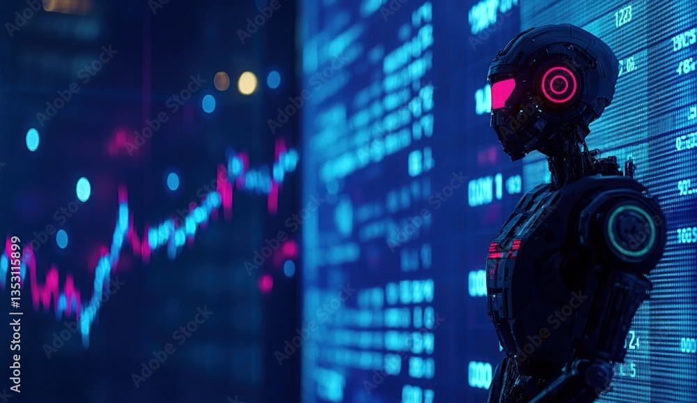 Poster futuristic robot analyzing data on a vibrant neon screen
