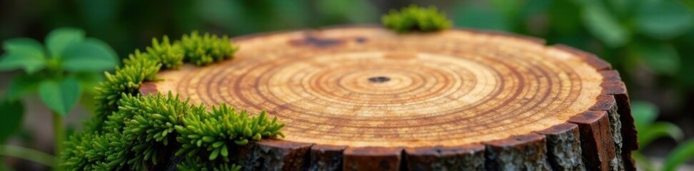 Wood grain pattern on a wooden stump with moss growth, wood, decay