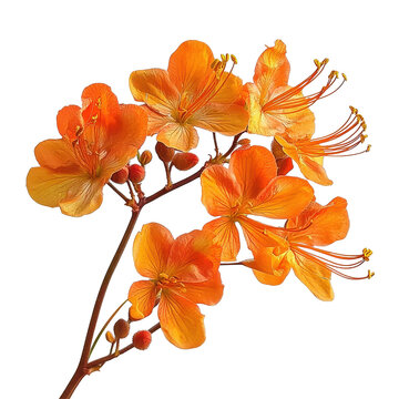 Closeup of vibrant orange Caesalpinia pulcherima flowers showcasing intricate details and textures, Closeup orange Caesalpinia pulcherima flowers isolated on Transparent background