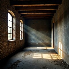 Fototapeta premium Wooden beam in a dimly lit, abandoned warehouse, industrial, concrete