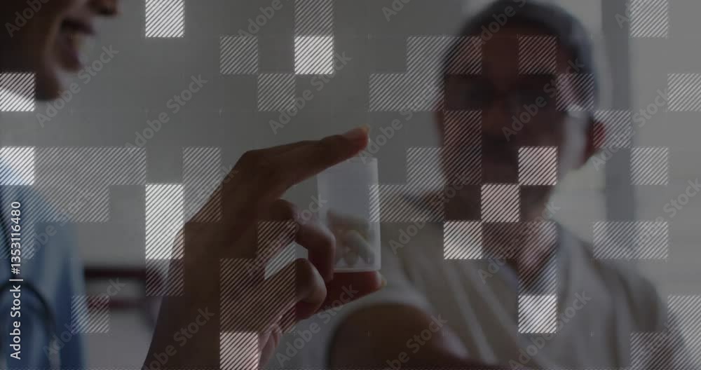 Poster holding transparent object, person with digital grid animation in school setting