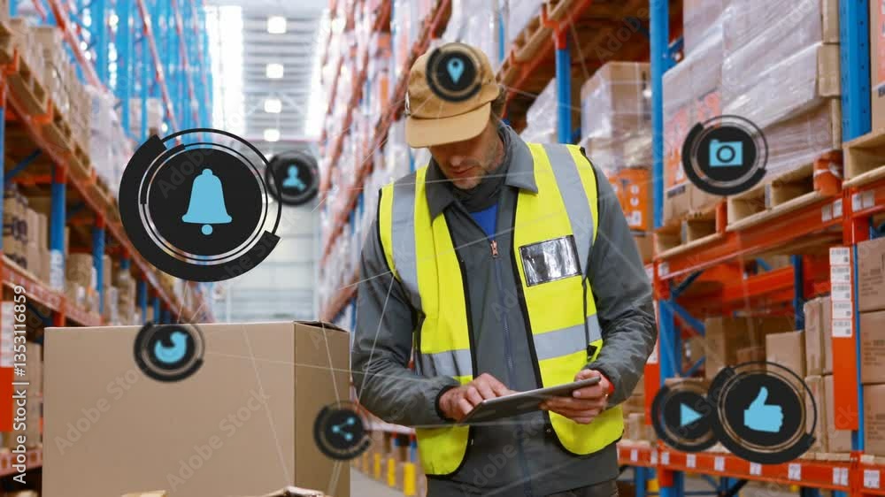Poster using tablet with animation icons, warehouse worker managing logistics operations