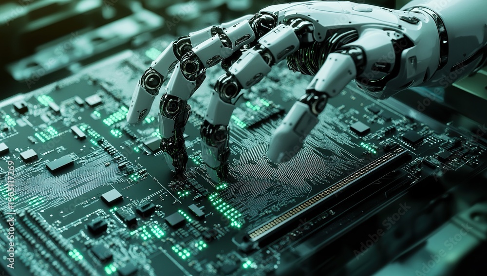 Poster robotic hand interacting with circuit board: close up of a white robotic hand interacting with a glo