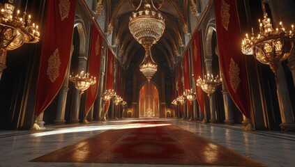 Obraz premium Grand Palace Hallway, Red Banners, Majestic Chandeliers, Royalty, Digital Art