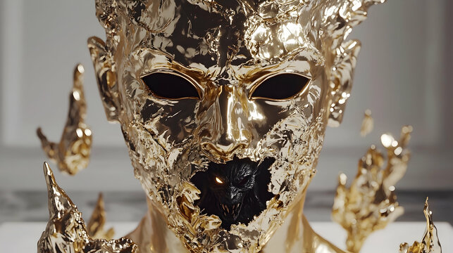 Golden demonic bust emerging from molten gold, marble background, fantasy art, ideal for album cover - Powered by Adobe