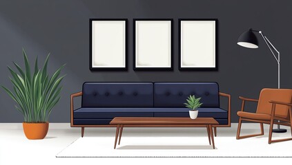 Fototapeta premium Modern Minimalist Living Room Interior with Navy Sofa and Orange Potted Plant