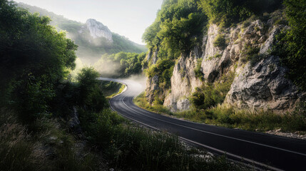 Fototapeta premium Winding road adventure serene mountain landscape nature photography morning mist scenic viewpoint journey concept