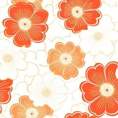 Orange and white floral seamless pattern for textile design. Japanese style flowers on light background. Retro fabric print for kimono, wrapping paper or wallpaper