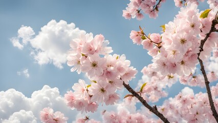 Pink cherry blossoms full bloom against a bright blue sky dotted fluffy white clouds. A beautiful springtime scene.