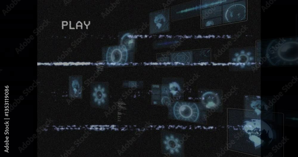 Poster animation of futuristic digital interface with play text on dark background