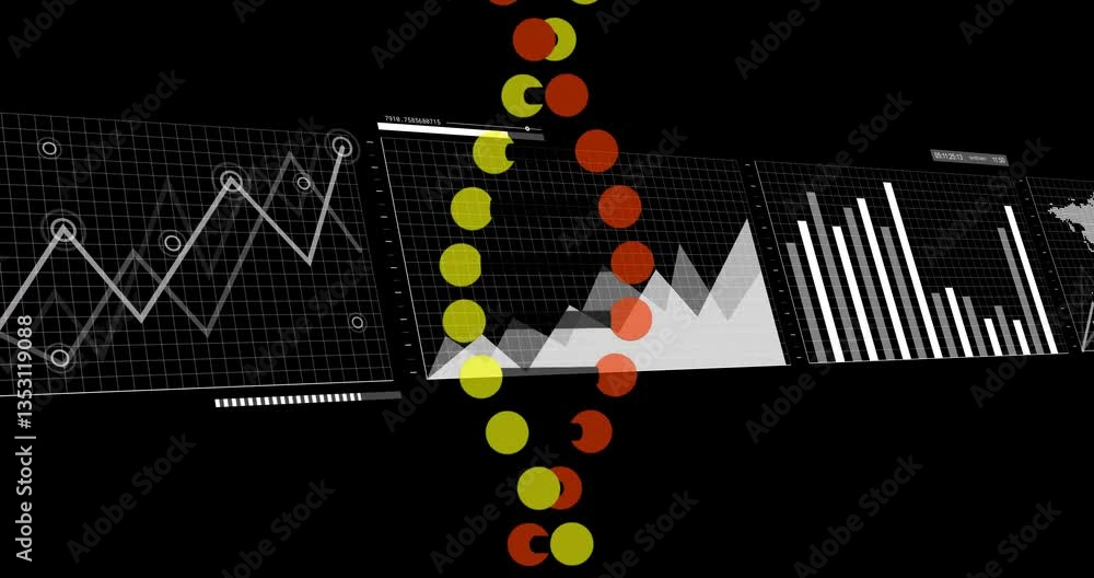 Poster animation of graphs and charts over colorful circular patterns on black background