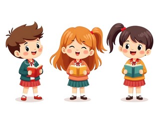 cute chibi school kids.adorable school children illustration.
cartoon students reading books.happy children in school uniform.education cartoon characters
