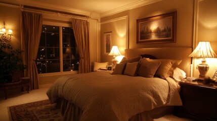 Cozy and Elegant Bedroom with Soft Lighting and Warm Decor