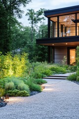 Modern home exterior with landscaped garden illuminated by soft lights in the evening, showcasing natural elements and contemporary design features in a serene setting
