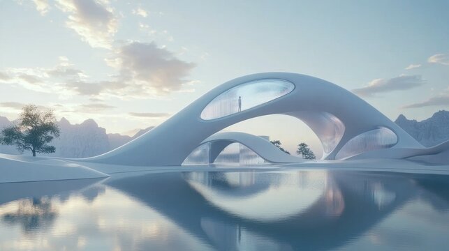 Futuristic architecture complex reflecting in tranquil water, serene mountain backdrop