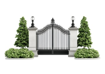 A beautiful modern gate with green trees on poles and modern lanterns isolated on transparent background