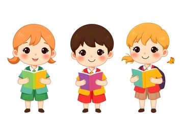 cute chibi school kids.adorable school children illustration.
cartoon students reading books.happy children in school uniform.education cartoon characters
