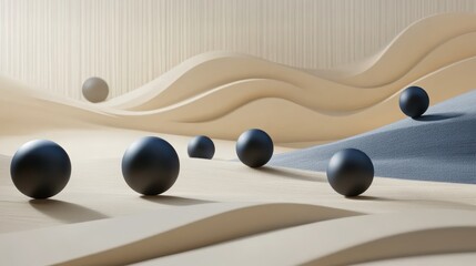 Abstract 3D scene with dark spheres on beige wavy landscape.