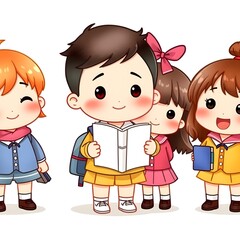 Title: cute chibi school kids.adorable school children illustration. cartoon students reading books.happy children in school uniform.education cartoon