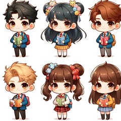 Title: cute chibi school kids.adorable school children illustration. cartoon students reading books.happy children in school uniform.education cartoon