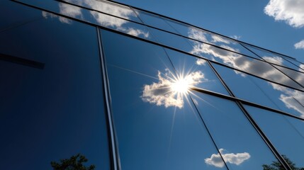 Modern building facade with reflective glass, showcasing sunlight and clouds
