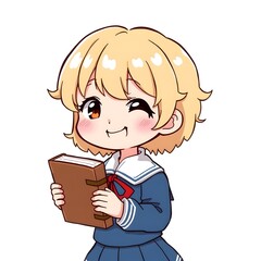 Title: cute chibi school kids.adorable school children illustration. cartoon students reading books.happy children in school uniform.education cartoon