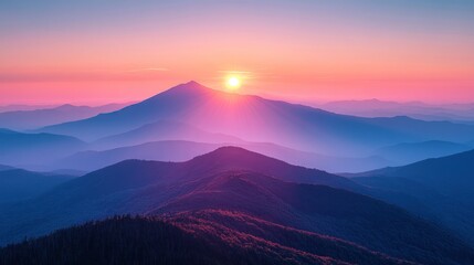 Fototapeta premium Sunrise over Mountain Ranges, Colorful Hues, Misty Peaks. Use Background, Wallpaper