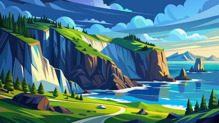 majestic northern landscape with towering cliffs, a peaceful coastline, and crystal-clear blue skies © koushkij