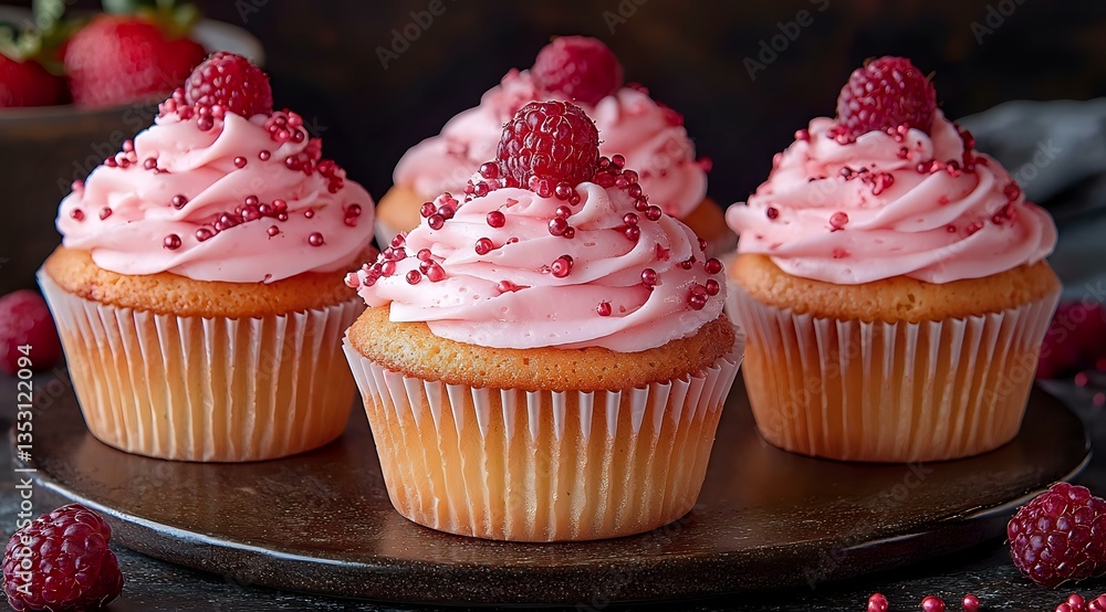 Aufkleber fresh raspberry cupcakes with pink buttercream frosting topped with whole berries and sprinkles on r