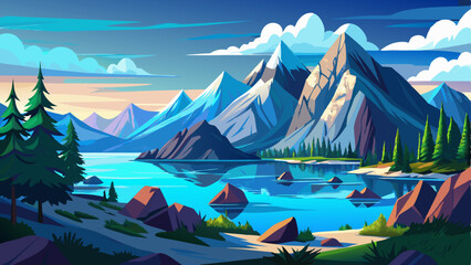 vector of serene northern wilderness with jagged mountains overlooking a calm sea under a bright blue sky