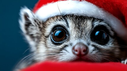Adorable sugar glider wearing red Santa hat peeks from hiding, close up view showing big eyes and pink nose against dark background. For holiday cards.