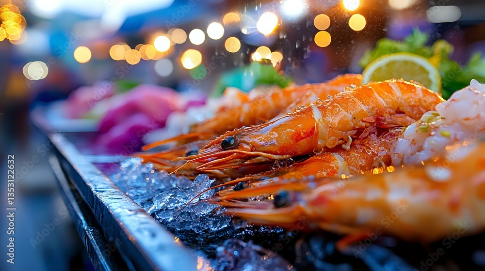 Aufkleber fresh prawns on ice with colorful bokeh lights in background, close up view of seafood display at ma