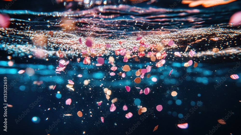 Poster Colorful flower petals drift gracefully below the water surface, creating a tranquil and enchanting atmosphere in a serene aquatic setting