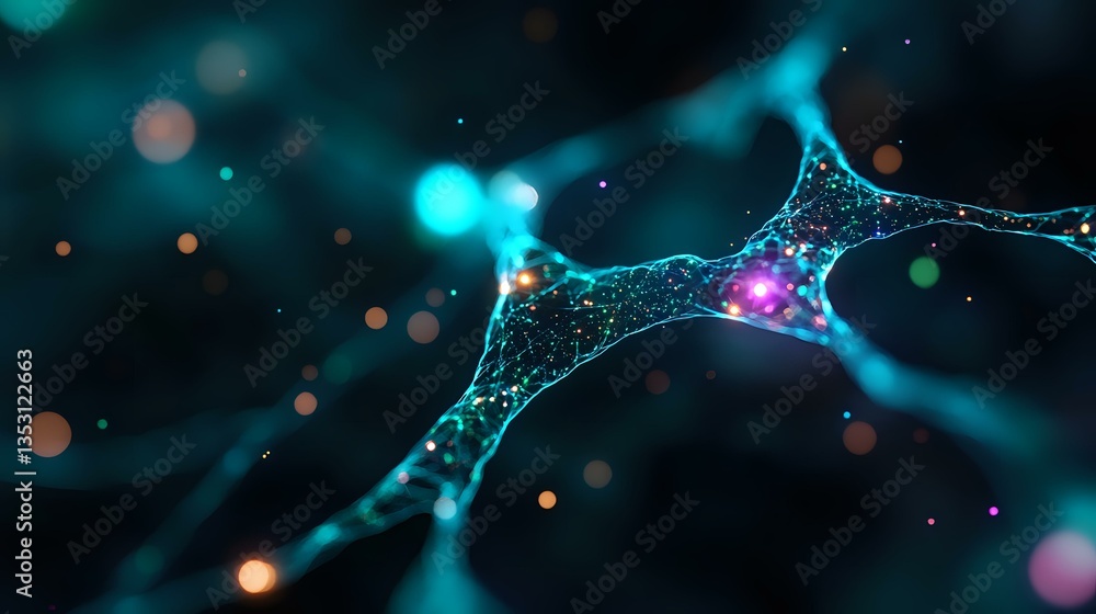Poster glowing neural network connections with vibrant cyan and magenta colors against dark background crea