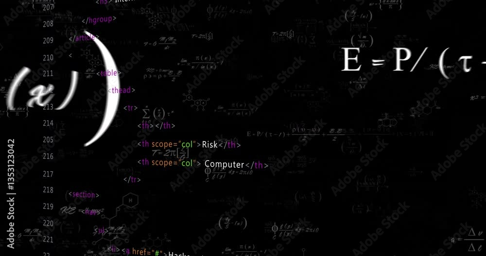 Poster animation of computer code, chemical formulas, and math equations on dark background
