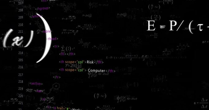 Animation of computer code, chemical formulas, and math equations on dark background